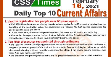 Daily Top-10 Current Affairs MCQs / News (February 16, 2021) for CSS, PMS