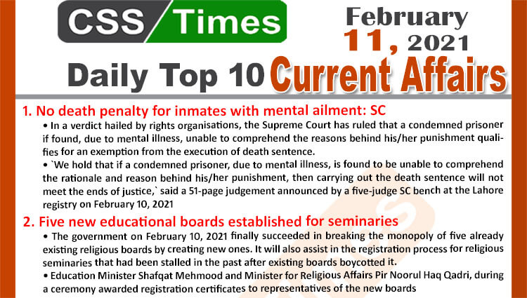 Daily Top-10 Current Affairs MCQs / News (February 11, 2021) for CSS, PMS