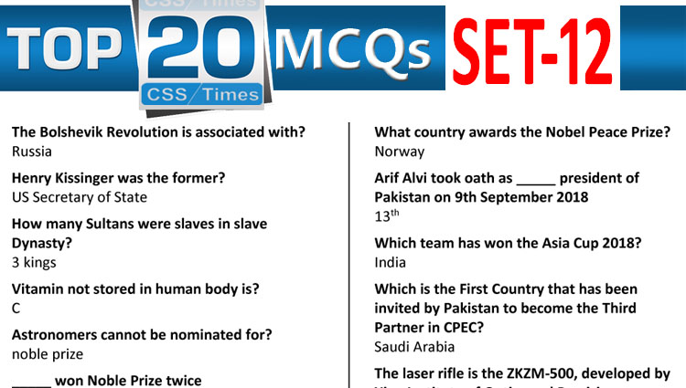 Daily Top-20 MCQs for CSS, PMS, PCS, FPSC (Set-12)