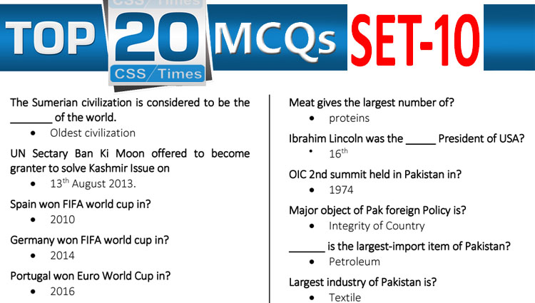 Daily Top-20 MCQs for CSS, PMS, PCS, FPSC (Set-10)