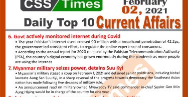 Daily Top-10 Current Affairs MCQs / News (February 02, 2021) for CSS, PMS