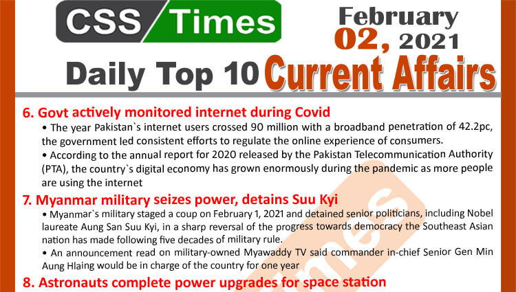 Daily Top-10 Current Affairs MCQs / News (February 02, 2021) for CSS, PMS