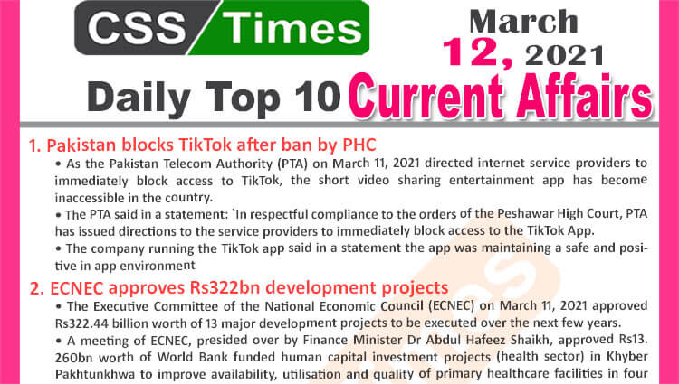 Daily Top-10 Current Affairs MCQs / News (March 12, 2021) for CSS, PMS