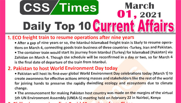 Daily Top-10 Current Affairs MCQs / News (March 01, 2021) for CSS, PMS