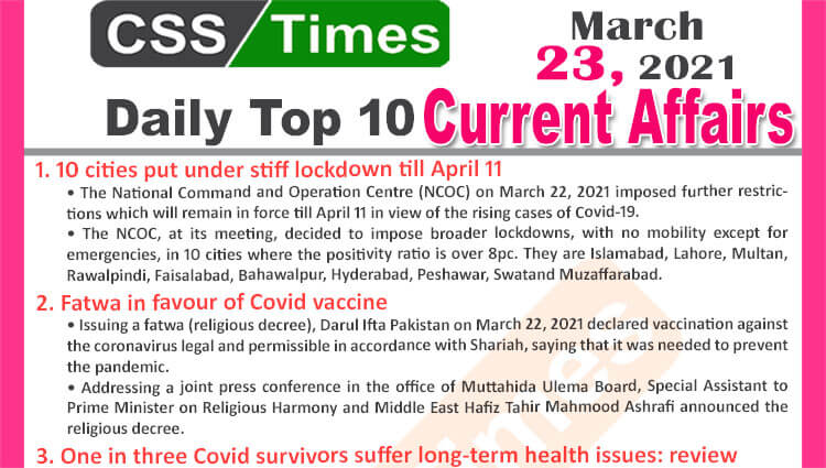 Daily Top-10 Current Affairs MCQs / News (March 23, 2021) for CSS, PMS