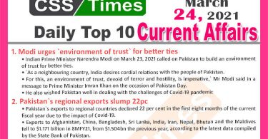 Daily Top-10 Current Affairs MCQs / News (March 24, 2021) for CSS, PMS