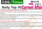 Daily Top-10 Current Affairs MCQs / News (March 30, 2021) for CSS, PMS