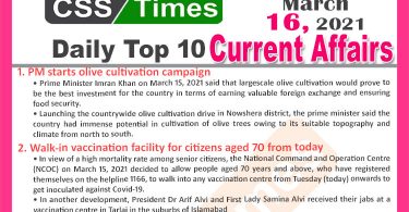 Daily Top-10 Current Affairs MCQs / News (March 16, 2021) for CSS, PMS