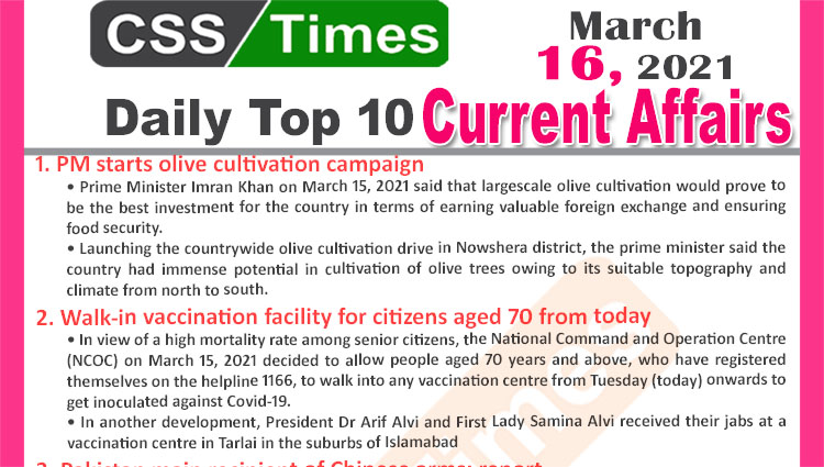 Daily Top-10 Current Affairs MCQs / News (March 16, 2021) for CSS, PMS