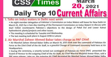Daily Top-10 Current Affairs MCQs / News (March 20, 2021) for CSS, PMS