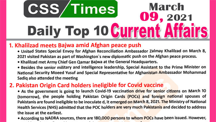 Daily Top-10 Current Affairs MCQs / News (March 09, 2021) for CSS, PMS