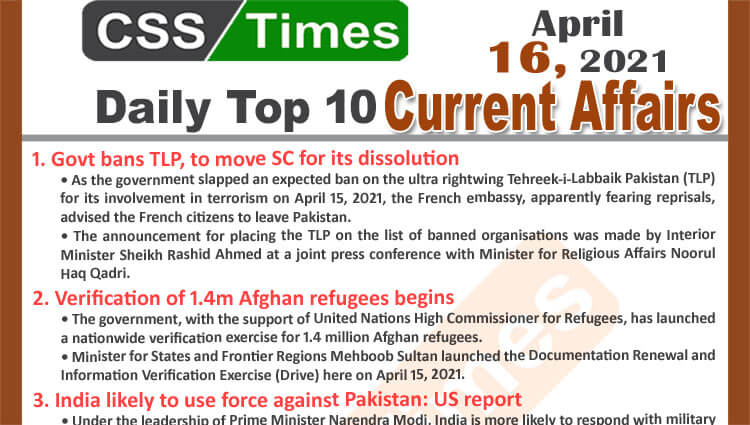 Daily Top-10 Current Affairs MCQs / News (April 16, 2021) for CSS, PMS