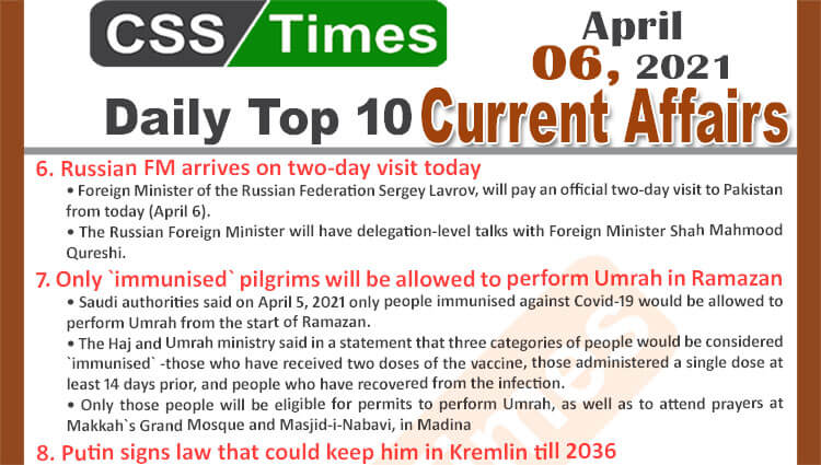 Daily Top-10 Current Affairs MCQs / News (April 06, 2021) for CSS, PMS