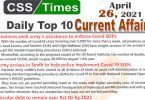 Daily Top-10 Current Affairs MCQs / News (April 26, 2021) for CSS, PMS