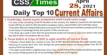 Daily Top-10 Current Affairs MCQs / News (April 28, 2021) for CSS, PMS