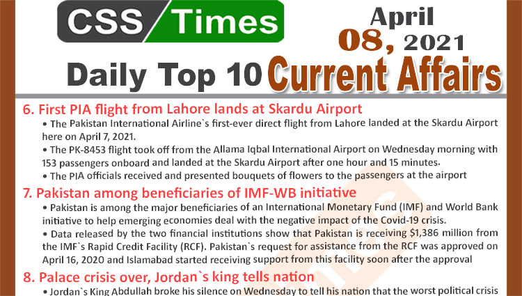 Daily Top-10 Current Affairs MCQs / News (April 08, 2021) for CSS, PMS