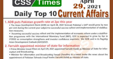 Daily Top-10 Current Affairs MCQs / News (April 29, 2021) for CSS, PMS