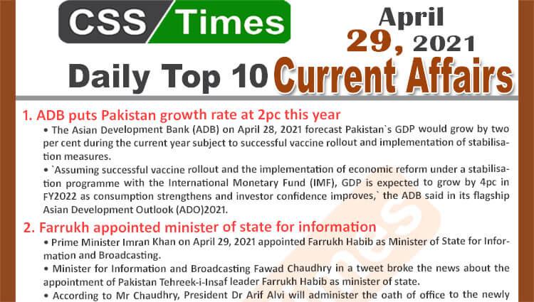 Daily Top-10 Current Affairs MCQs / News (April 29, 2021) for CSS, PMS