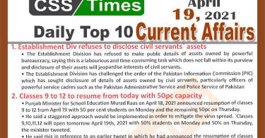 Daily Top-10 Current Affairs MCQs / News (April 19, 2021) for CSS, PMS