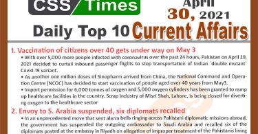 Daily Top-10 Current Affairs MCQs / News (April 30, 2021) for CSS, PMS