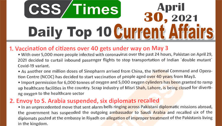 Daily Top-10 Current Affairs MCQs / News (April 30, 2021) for CSS, PMS