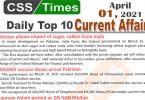 Daily Top-10 Current Affairs MCQs / News (April 01, 2021) for CSS, PMS