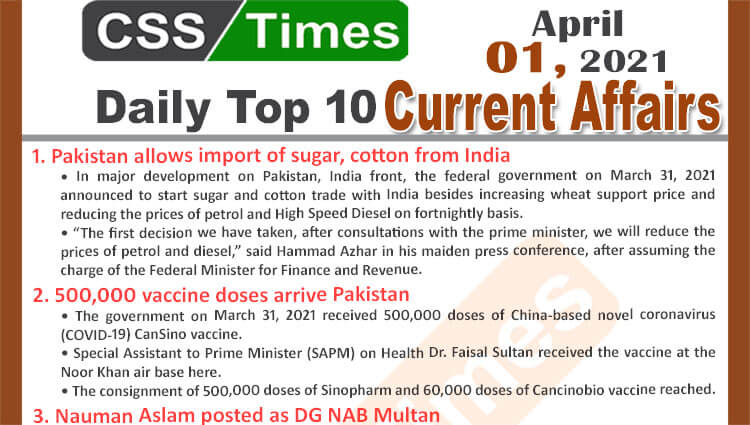 Daily Top-10 Current Affairs MCQs / News (April 01, 2021) for CSS, PMS