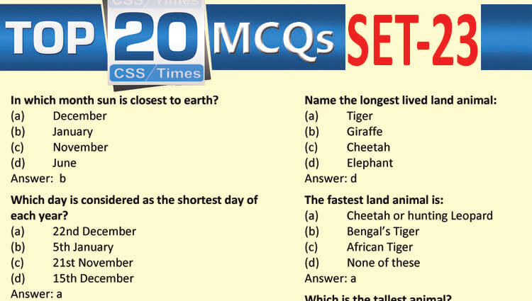 Daily Top-20 MCQs for CSS, PMS, PCS, FPSC (Set-23)