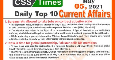 Daily Top-10 Current Affairs MCQs / News (May 05, 2021) for CSS, PMS