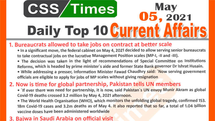 Daily Top-10 Current Affairs MCQs / News (May 05, 2021) for CSS, PMS