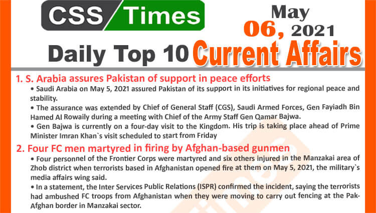 Daily Top-10 Current Affairs MCQs / News (May 06, 2021) for CSS, PMS