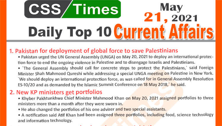 Daily Top-10 Current Affairs MCQs / News (May 21, 2021) for CSS, PMS