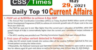 Daily Top-10 Current Affairs MCQs / News (May 29, 2021) for CSS, PMS