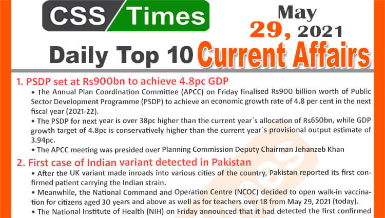 Daily Top-10 Current Affairs MCQs / News (May 29, 2021) for CSS, PMS