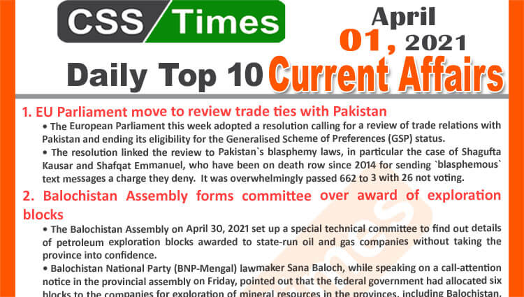 Daily Top-10 Current Affairs MCQs / News (May 01, 2021) for CSS, PMS