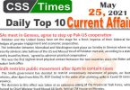 Daily Top-10 Current Affairs MCQs / News (May 25, 2021) for CSS, PMS