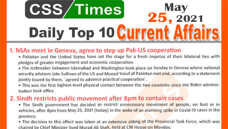 Daily Top-10 Current Affairs MCQs / News (May 25, 2021) for CSS, PMS