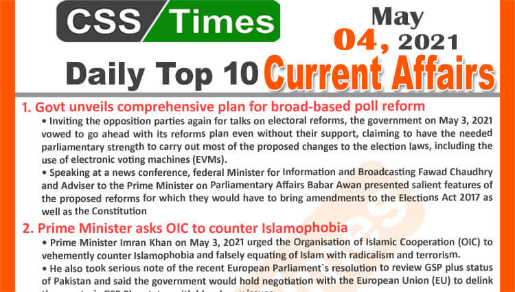 Daily Top-10 Current Affairs MCQs / News (May 04, 2021) for CSS, PMS