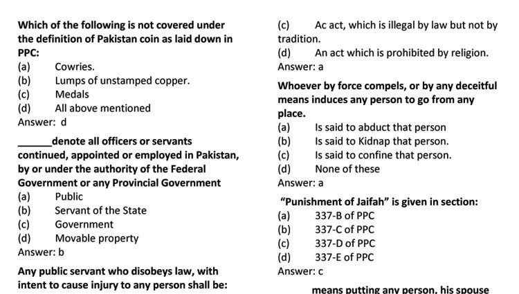 General LAW MCQs (The Pakistan Penal Code 1860) Set-II