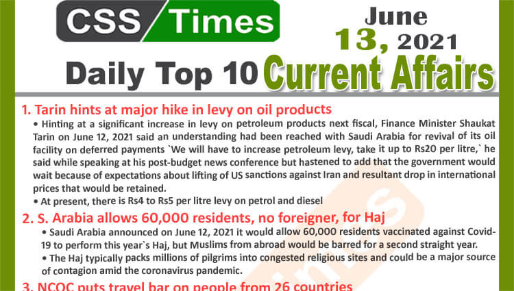 Daily Top-10 Current Affairs MCQs / News (June 13, 2021) for CSS, PMS