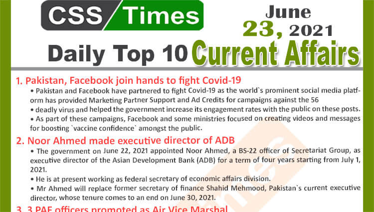 Daily Top-10 Current Affairs MCQs / News (June 23, 2021) for CSS, PMS