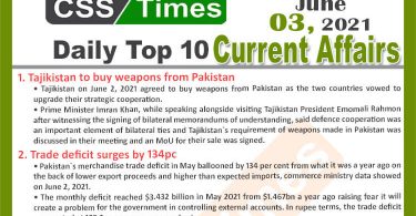 Daily Top-10 Current Affairs MCQs / News (June 03, 2021) for CSS, PMS