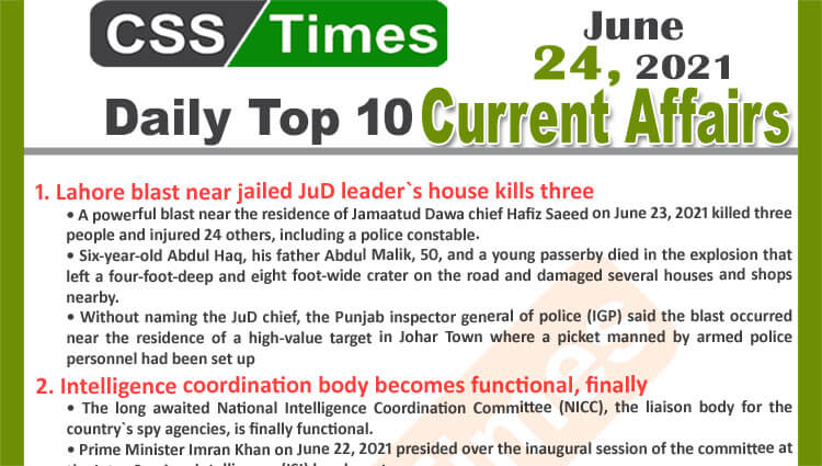 Daily Top-10 Current Affairs MCQs / News (June 24, 2021) for CSS, PMS