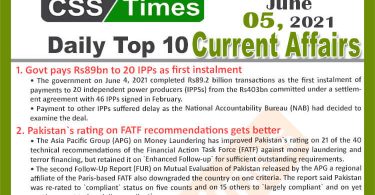 Daily Top-10 Current Affairs MCQs / News (June 05, 2021) for CSS, PMS
