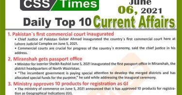Daily Top-10 Current Affairs MCQs / News (June 06, 2021) for CSS, PMS