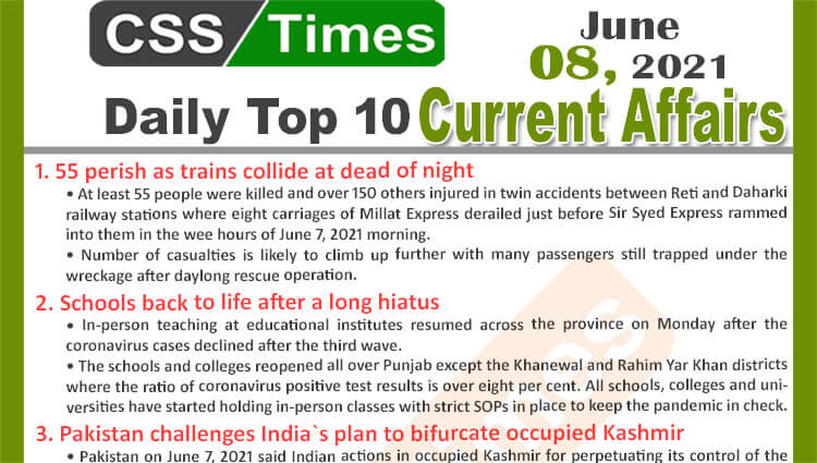 Daily Top-10 Current Affairs MCQs / News (June 08, 2021) for CSS, PMS