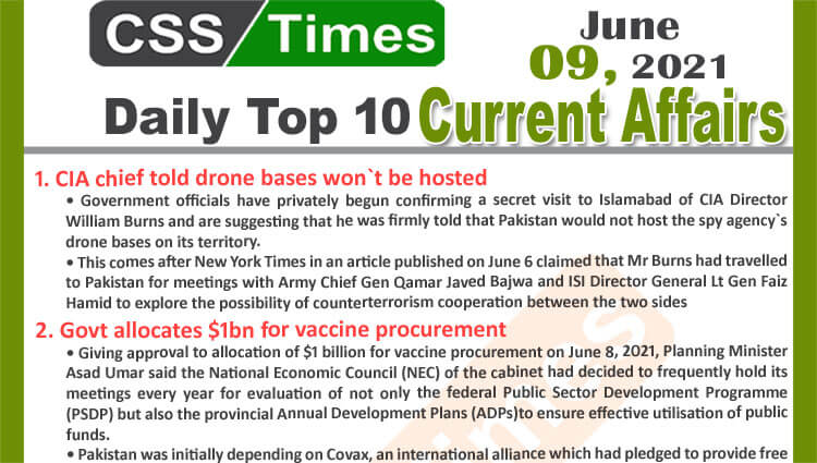 Daily Top-10 Current Affairs MCQs / News (June 09, 2021) for CSS, PMS
