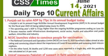 Daily Top-10 Current Affairs MCQs / News (June 14, 2021) for CSS, PMS