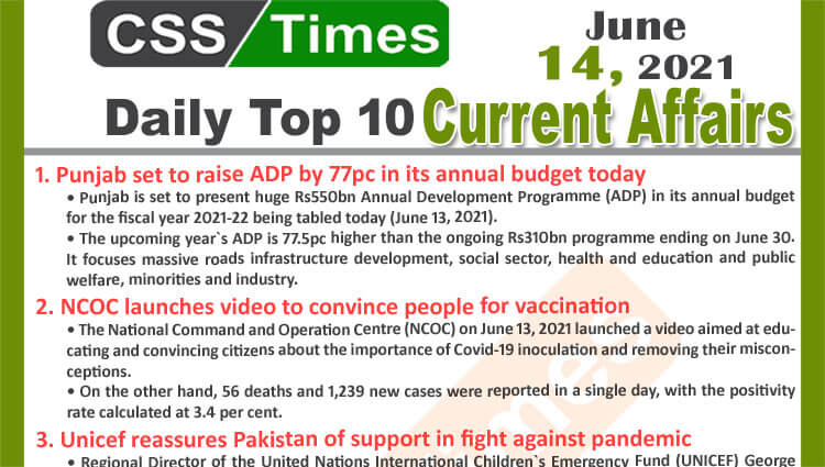 Daily Top-10 Current Affairs MCQs / News (June 14, 2021) for CSS, PMS