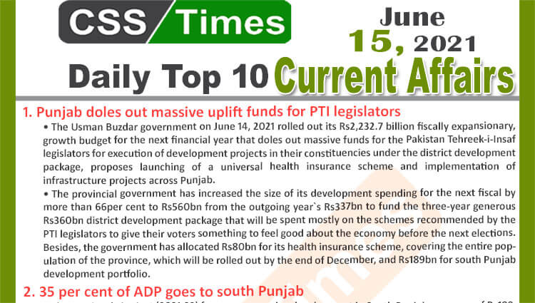 Daily Top-10 Current Affairs MCQs / News (June 15, 2021) for CSS, PMS